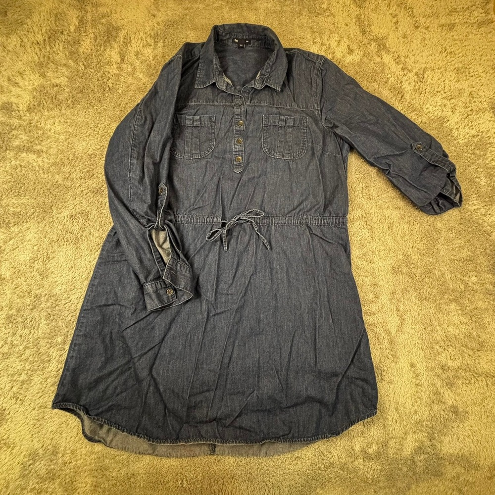 Gap Denim Shirt Dress XL Dark Wash Chambray Roll Tab Sleeve Drawstring Waist